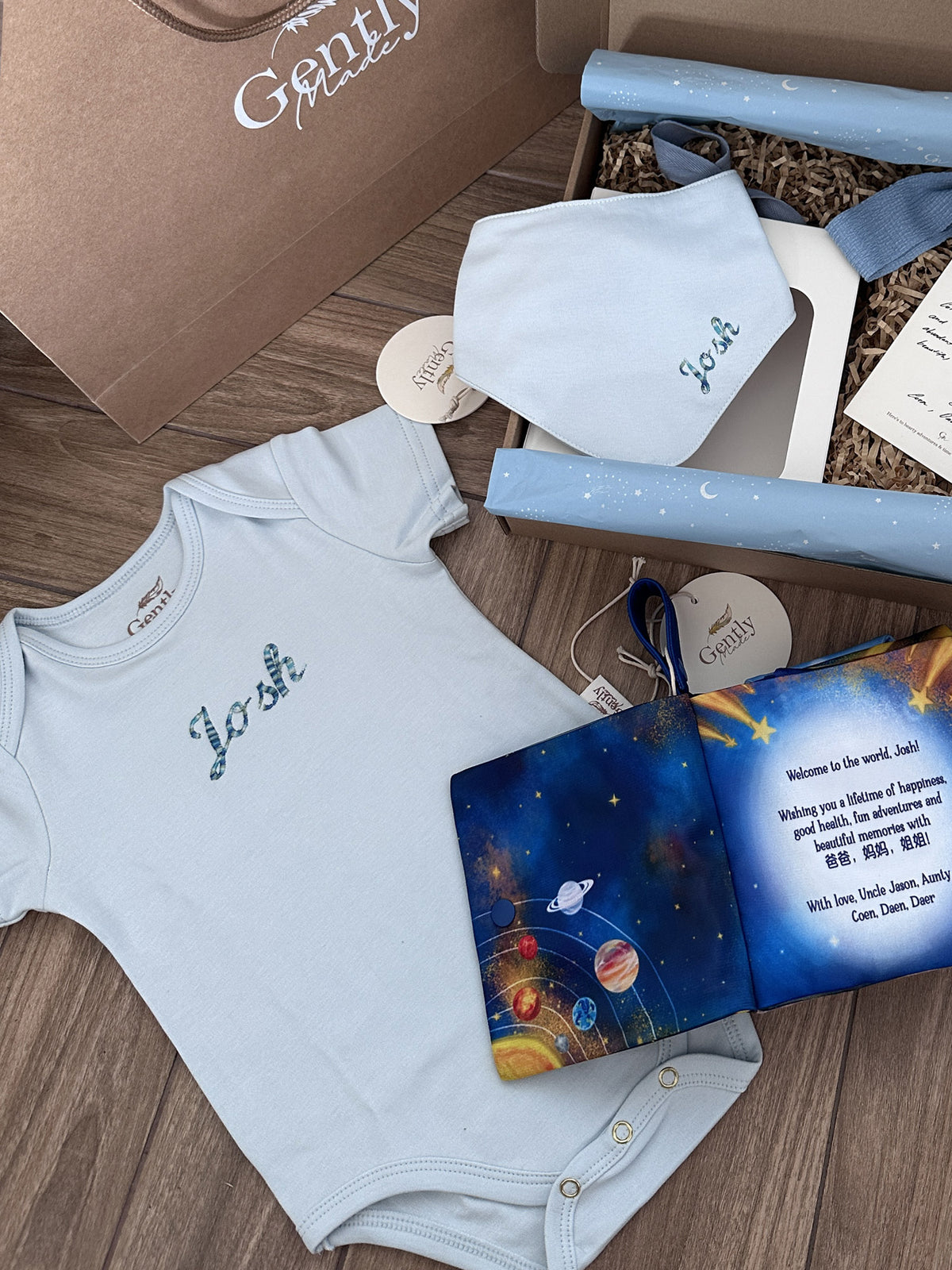 Personalised Embroidered Organic Cotton Bandana Bib - Blue