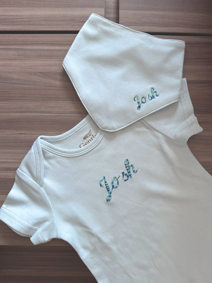 Personalised Embroidered Organic Cotton Bandana Bib - Blue