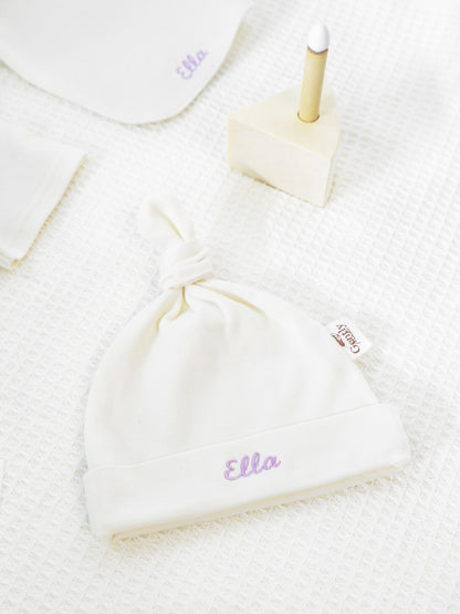 Personalised Embroidered Organic Cotton Newborn Hat - Milk