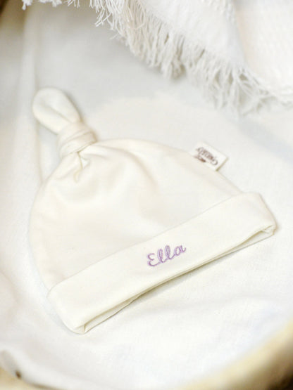 Personalised Embroidered Organic Cotton Newborn Hat - Milk
