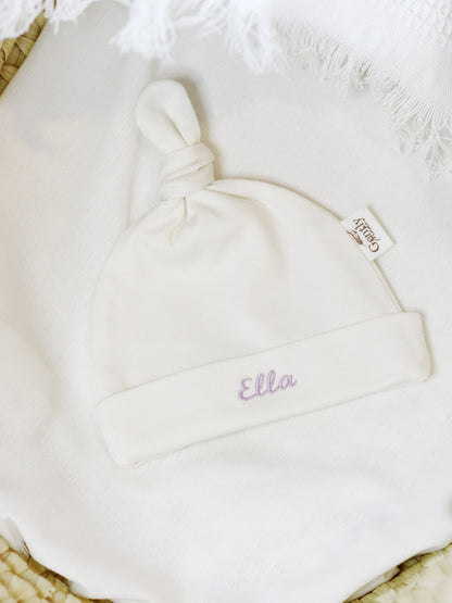 Personalised Embroidered Organic Cotton Newborn Hat - Milk